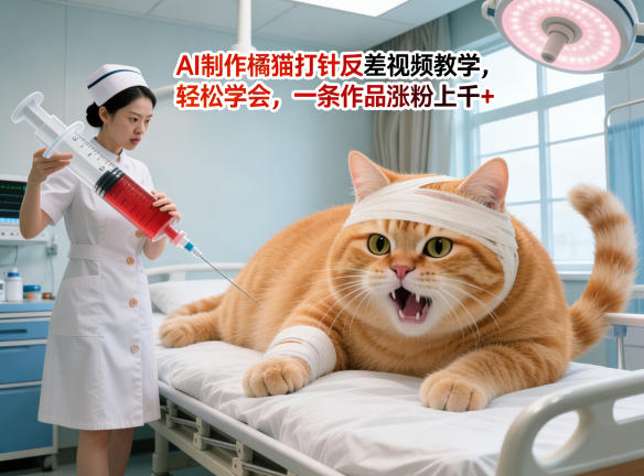 AI制作橘猫打针反差视频教学，轻松学会，一条作品涨粉上千+-靠谱项目库