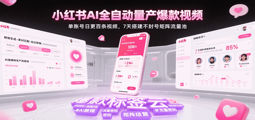 小红书AI全自动量产爆款视频，单账号日更百条视频，7天搭建不封号矩阵流量池（更新）-靠谱项目库