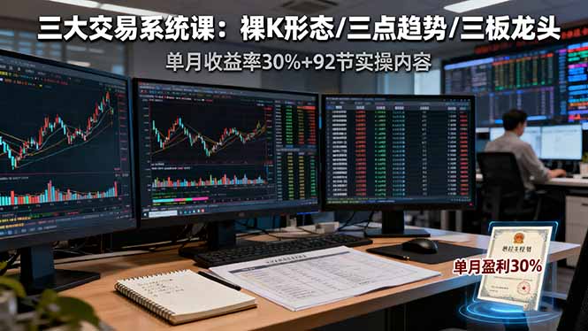 （16269期）三大交易系统课：裸K形态/三点趋势/三板体系，单月收益率30%+92节实操内容-靠谱项目库