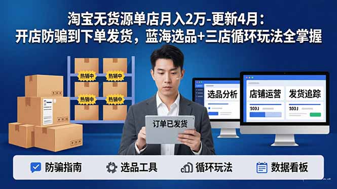 （17988期）淘宝无货源单店月入2万-更新4月：开店防骗到下单发货，蓝海选品+三店循环玩法全掌握-靠谱项目库