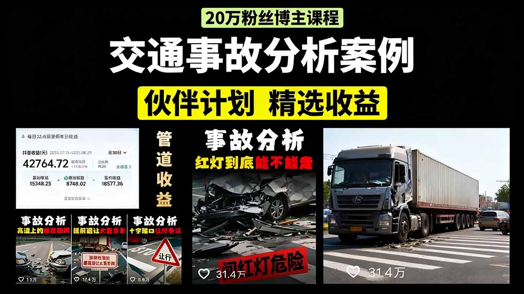 （15995期）交通事故分析案例短视频，剪辑技巧+文案模板+配音教学+快速起号 月收益2w+-靠谱项目库