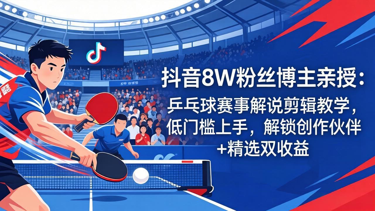 （18069期）抖音8W粉丝博主亲授：乒乓球赛事解说剪辑教学，低门槛上手，解锁创作伙伴+精选双收益-靠谱项目库