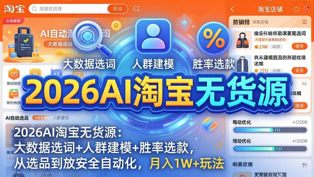 （17812期）2026AI淘宝无货源：大数据选词+人群建模+胜率选款，从选品到放大全自动化，月入1W+玩法-靠谱项目库