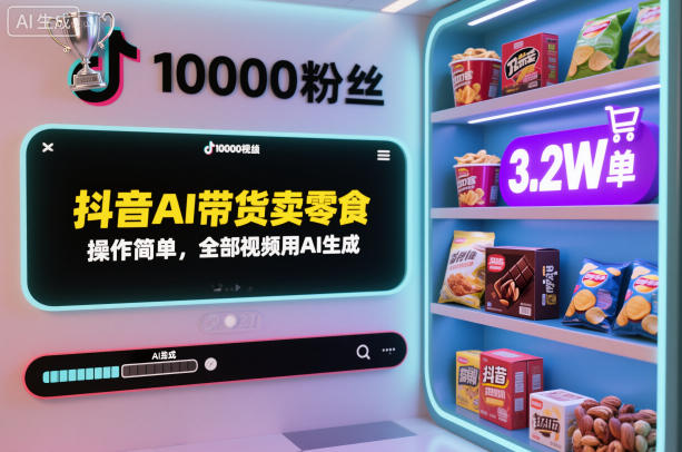 抖音AI带货卖零食，操作简单，全部视频用AI生成，一万粉丝，卖了3.2W单-靠谱项目库