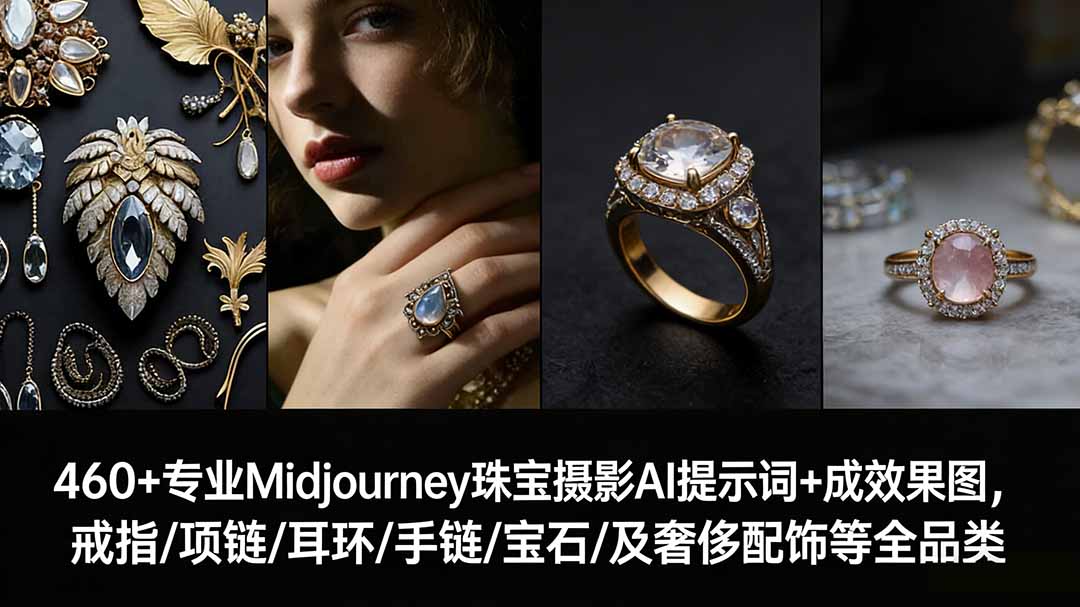 （17272期）460+专业Midjourney珠宝摄影AI提示词+成效果图，戒指/项链/耳环/手链/宝石/及奢侈配饰等全品类-靠谱项目库