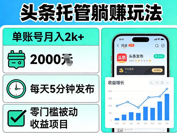 头条托管躺賺玩法，单账号月入2k+，每天5分钟发布即可，零门槛被动收益项目【揭秘】-靠谱项目库