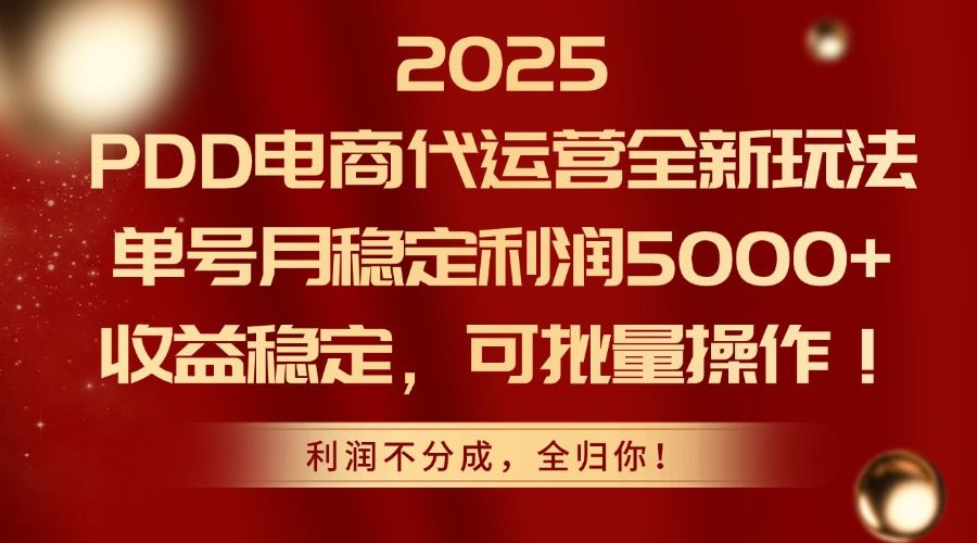 2025 PDD电商代运营全新玩法，单号月稳定利润5000+，收益稳定，可批量操作！-靠谱项目库