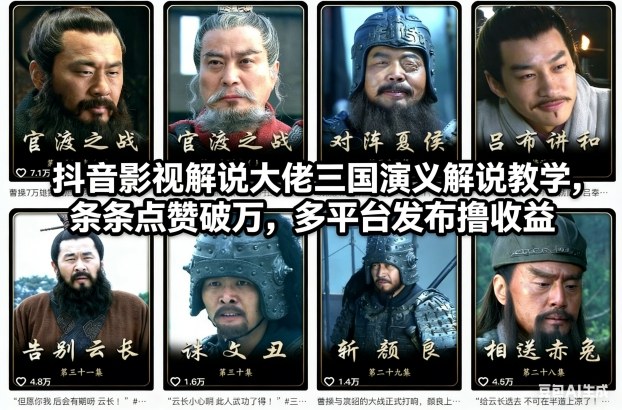 抖音影视解说大佬三国演义解说教学，条条点赞破万，多平台发布撸收益-靠谱项目库