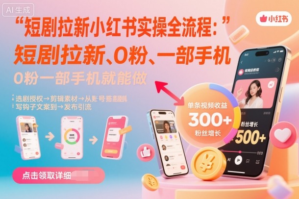 短剧拉新小红书实操全流程，0粉一部手机就可以做，详细教程-靠谱项目库