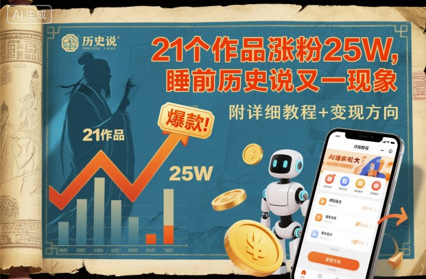 21个作品涨粉25W，睡前历史说又一现象级AI内容大爆款来啦，附详细教程+变现方向-靠谱项目库