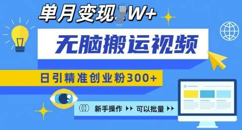 无脑搬运视频号可批量复制，新手即可操作，日引精准创业粉300+，月变现过W 【揭秘】-靠谱项目库
