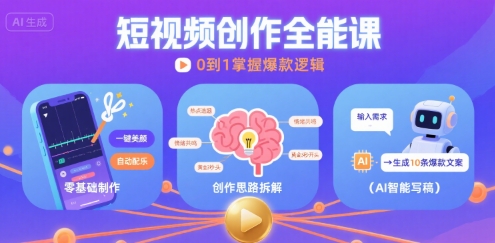 短视频创作课，短视频制作、创作思路、Ai写爆款文案-靠谱项目库