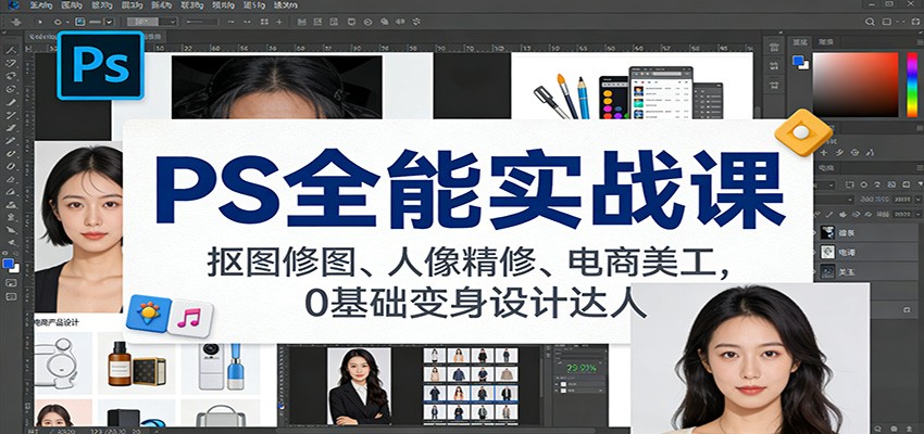 PS全能实战课：抠图修图、人像精修、电商美工，0基础变身设计达人-靠谱项目库