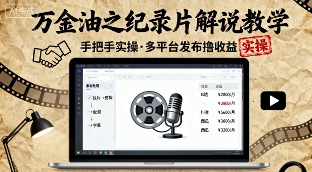 万金油之纪录片解说教学，手把手教你，完全实操，多平台发布撸收益-靠谱项目库