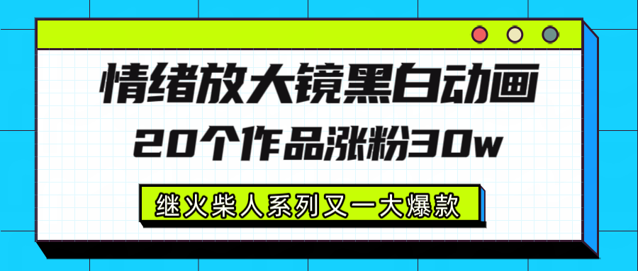 情绪放大镜黑白线条动画风格，20个视频，涨粉30W，继火柴人系列又一大爆款-靠谱项目库