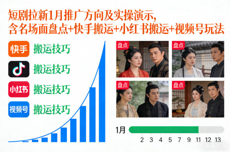 短剧拉新1月推广方向及实操演示，含名场面盘点+快手搬运+小红书搬运+视频号玩法-靠谱项目库