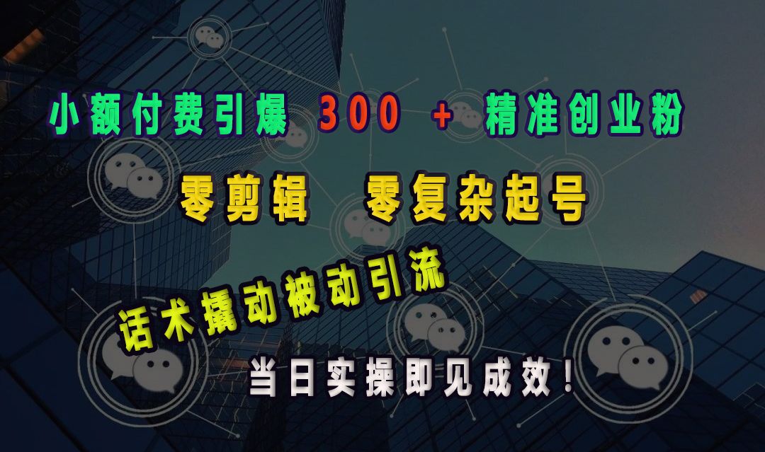 小额付费引爆 300 + 精准创业粉，零剪辑、零复杂起号，话术撬动被动引流，当日实操即见成效！-靠谱项目库