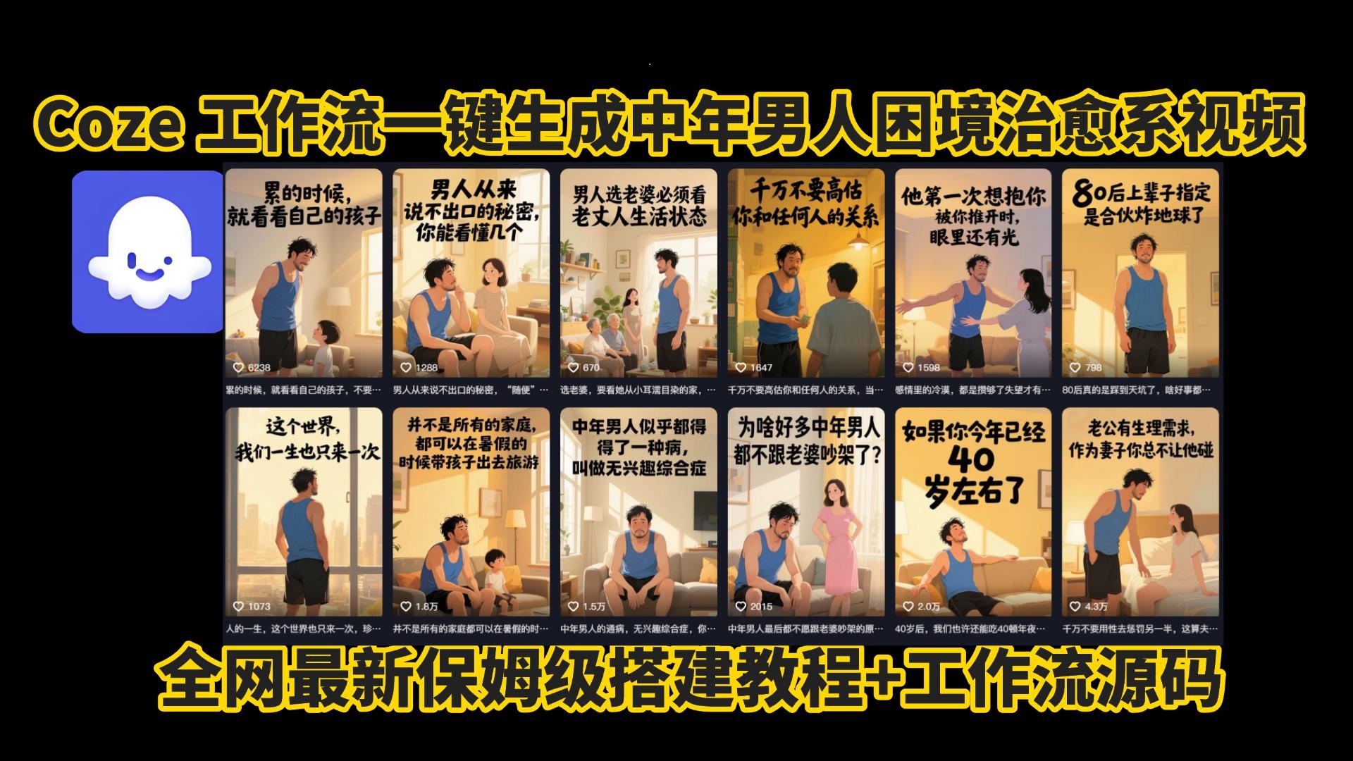 coze工作流一键生成，中年男人困境扎心高涨粉高播放量图文视频，保姆级拆解教程，无需剪辑，无需拍摄写文案智能体拆解教程-靠谱项目库