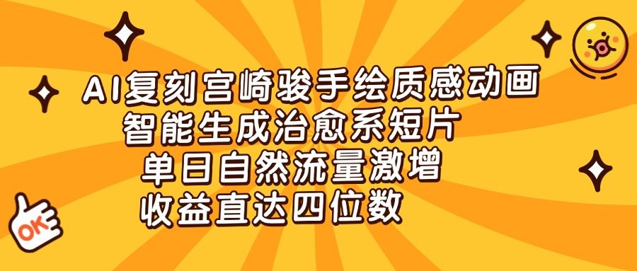 AI复刻宫崎骏手绘质感动画，智能生成治愈系短片，单日自然流量激增，收益直达四位数-靠谱项目库