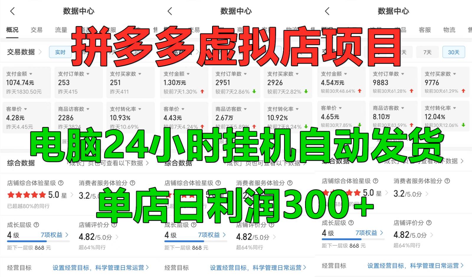 拼多多虚拟店铺项目，电脑挂机自动发货，单店日利润300+-靠谱项目库