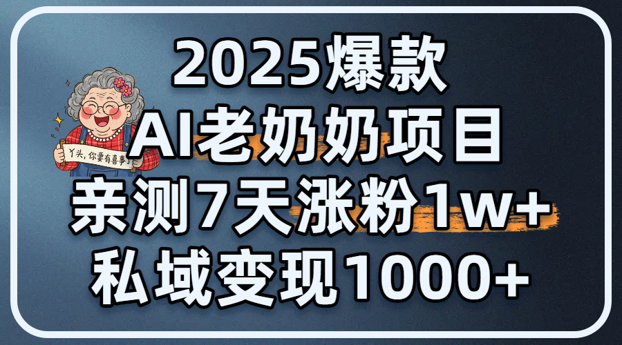 2025爆款 AI 老奶奶项目：亲测 7 天涨粉 1W+，私域变现 1000+-靠谱项目库