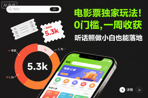 电影票独家玩法！0门槛，一周收获5.3k，听话照做小白也能落地【揭秘】-靠谱项目库