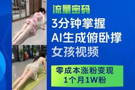 3分钟掌握AI生成俯卧撑女孩视频，零成本涨粉变现，1个月1W粉-靠谱项目库