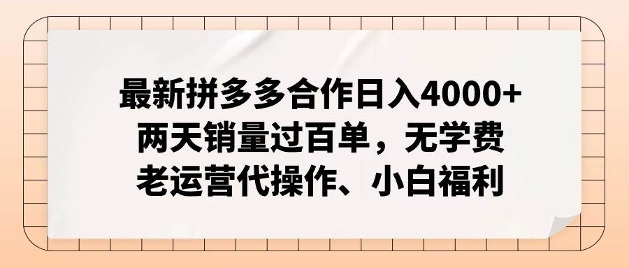 (12869期)拼多多最新合作日入4000+两天销量过百单,无学费、老运营代操作、小白福利-靠谱项目库