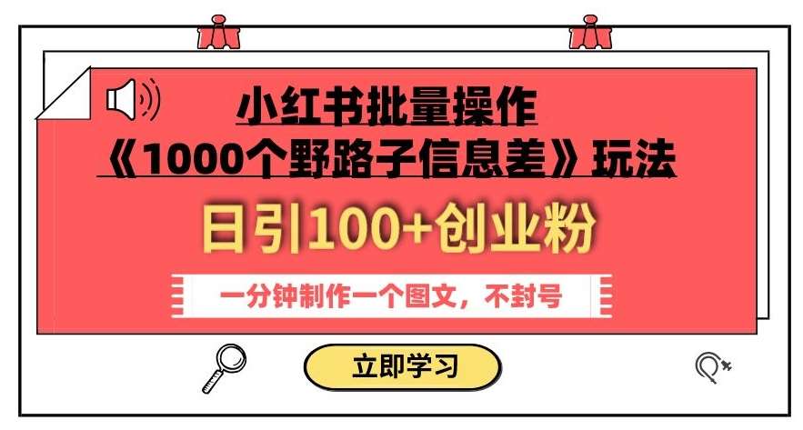 小红书批量操作《1000个野路子信息差》玩法，一分钟制作一个图文，不封号，日引100+创业粉-靠谱项目库