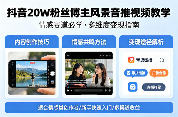 抖音20W粉丝博主风景音推视频教学，情感赛道必学，各种变现途径-靠谱项目库