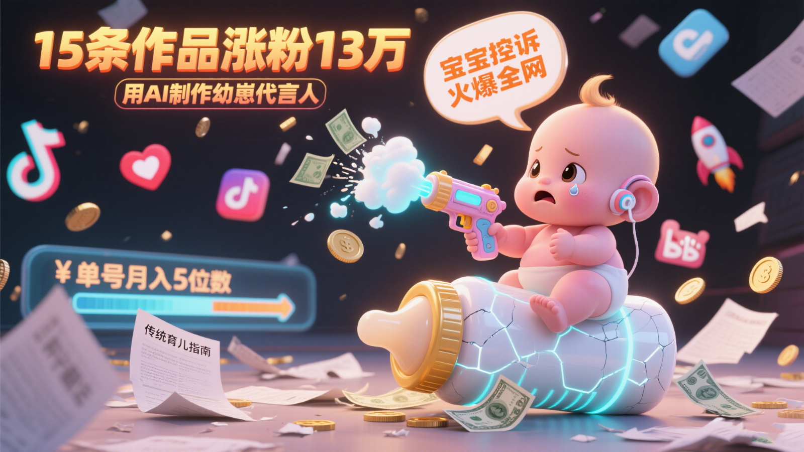 用AI制作幼崽代言人，宝宝的控诉火爆全网，15条作品涨粉13万，单号月入5位数实操教程-靠谱项目库