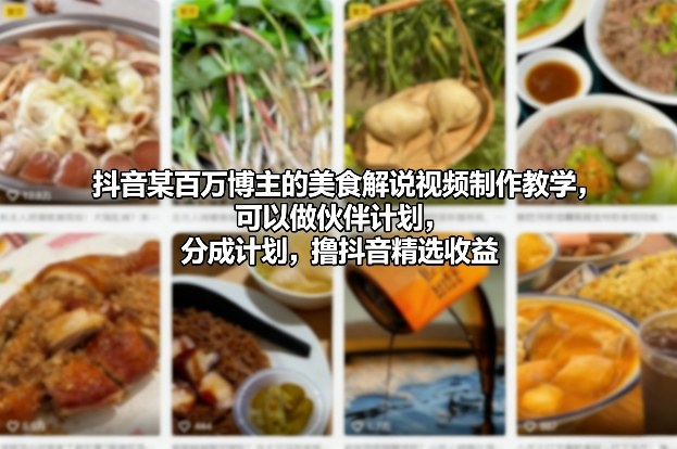 抖音某百万博主的美食解说视频制作教学，可以做伙伴计划，分成计划，撸抖音精选收益-靠谱项目库