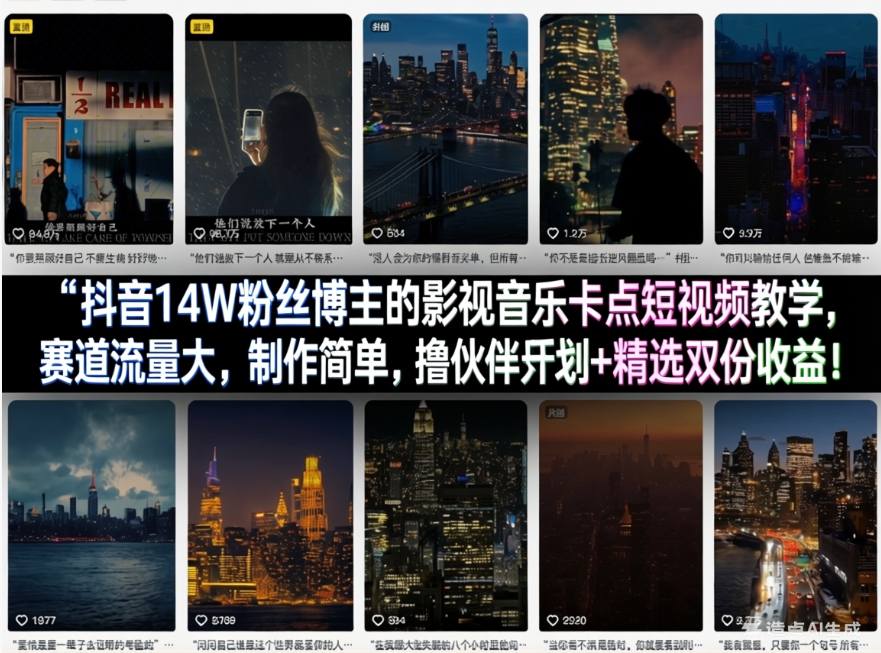 抖音14W粉丝博主的影视音乐卡点短视频教学，赛道流量大，制作简单，撸伙伴计划+精选双份收益！-靠谱项目库