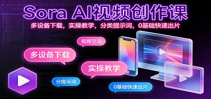 Sora AI视频创作课：多设备下载，实操教学，分类提示词，0基础快速出片-靠谱项目库