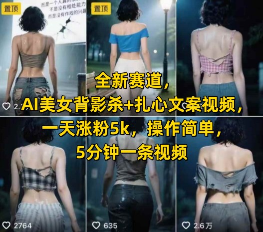 全新赛道，AI美女背影杀+扎心文案视频，一天涨粉5k，操作简单，5分钟一条视频-靠谱项目库