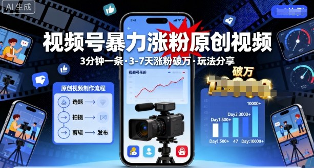 视频号暴力涨粉原创视频，3分钟一条原创视频，3-7天涨粉破万，玩法分享给你-靠谱项目库