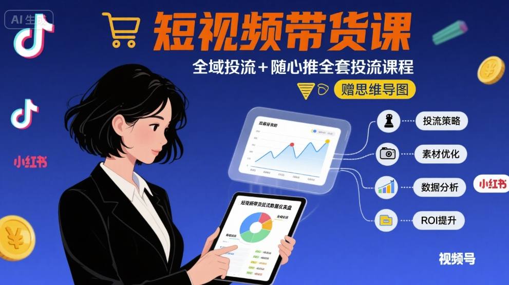 最新短视频带货课，全域投流+随心推全套投流课程+思维导图-靠谱项目库