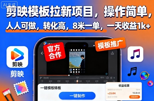 剪映模板拉新项目，操作简单，人人可做，转化高，8米一单，一天收益1k+-靠谱项目库