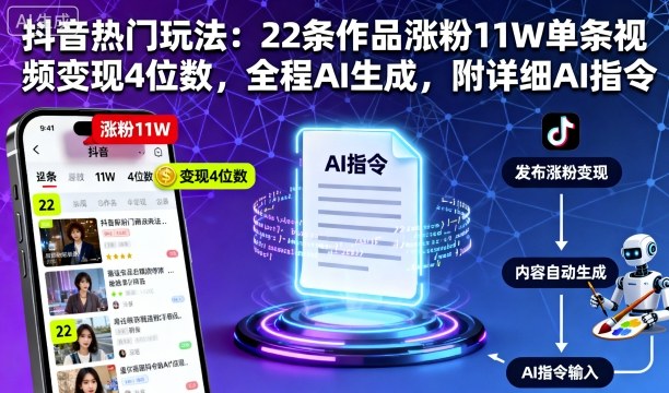 抖音热门玩法：22条作品涨粉11W单条视频变现4位数，全程AI生成，附详细AI指令-靠谱项目库