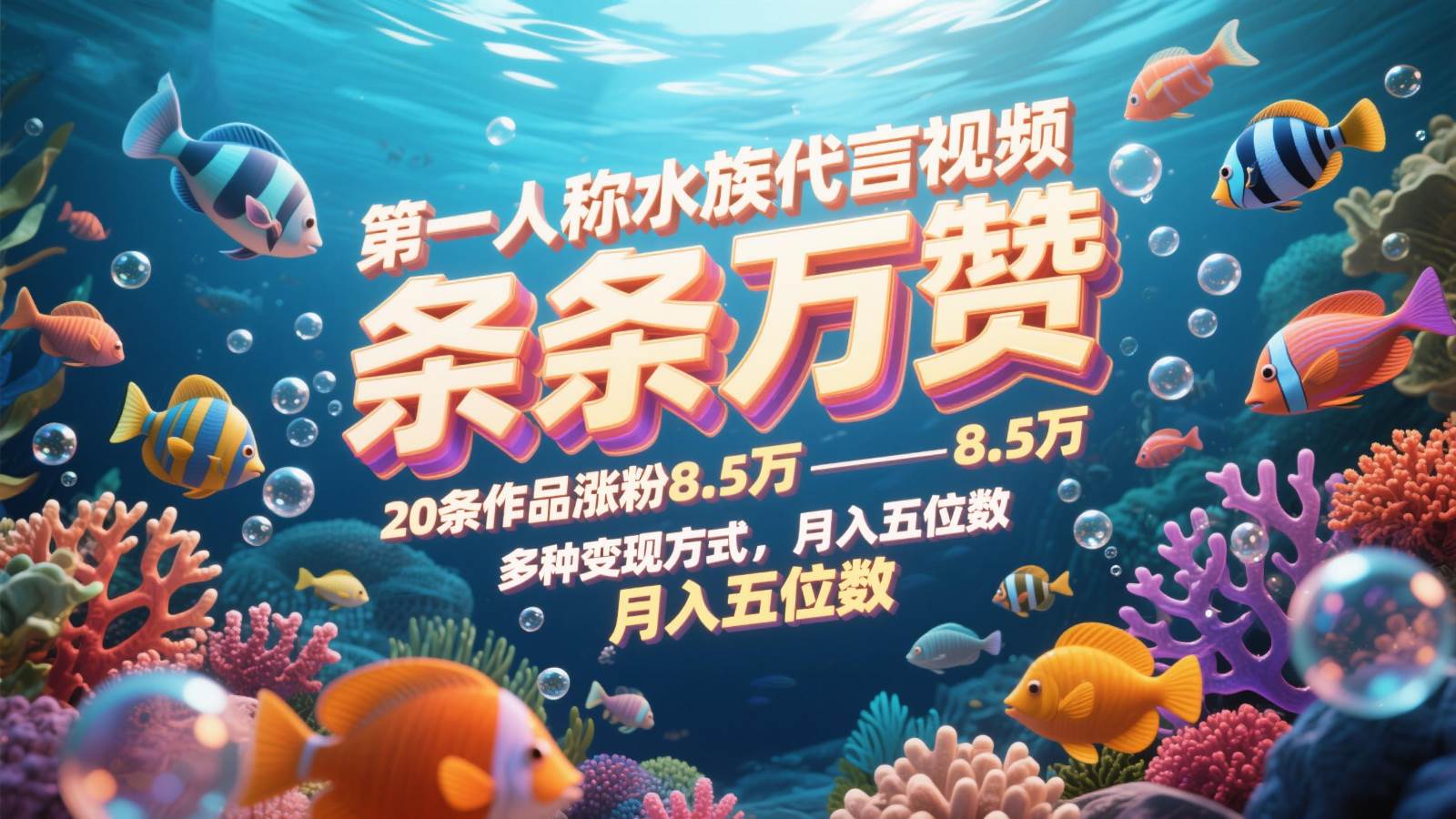 第一人称水族代言视频，条条万赞，20条作品涨粉8.5万，多种变现方式月，入五位数-靠谱项目库