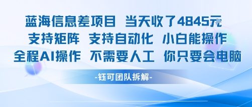 蓝海信息差项目当天收米1k+ 支持矩阵支持自动化小白能操作全程AI操作不需要人工你只要会电脑-靠谱项目库