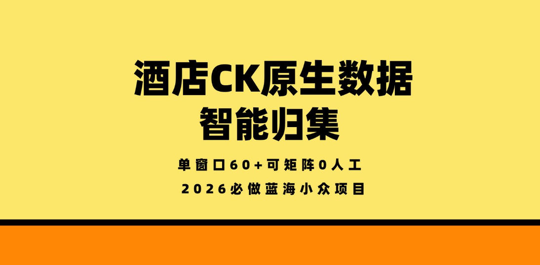 酒店CK原生数据智能归集，单窗口60+可矩阵0人工，2026必做蓝海小众项目【揭秘】-靠谱项目库
