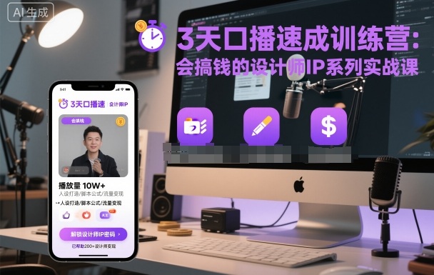 3天口播速成训练营，会搞钱的设计师IP系列实战课-靠谱项目库