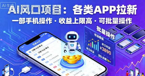 AI风口项目，各类APP拉新，一部手机就可以操作，收益上限高，可批量操作-靠谱项目库