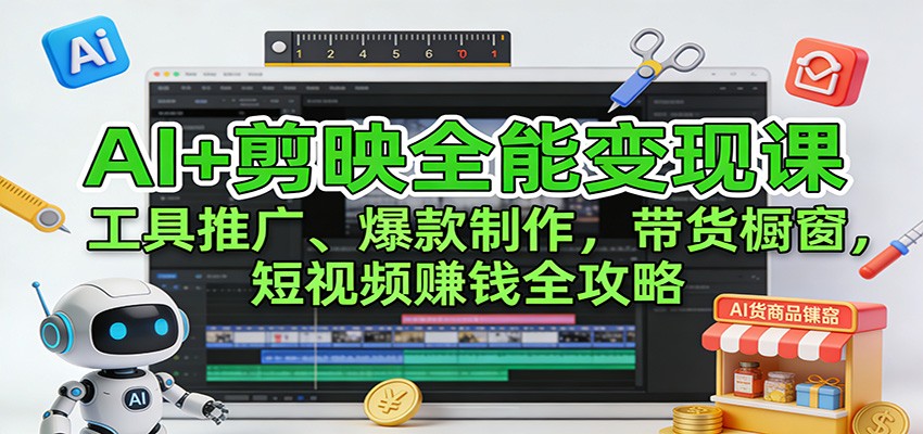 AI+剪映全能变现课：工具推广、爆款制作、带货橱窗，短视频赚钱全攻略-靠谱项目库