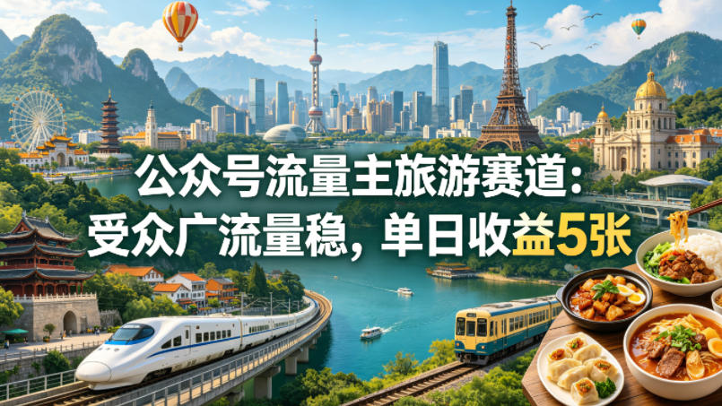 公众号流量主之旅游赛道，受众广+流量稳，平均单日收益5张+-靠谱项目库