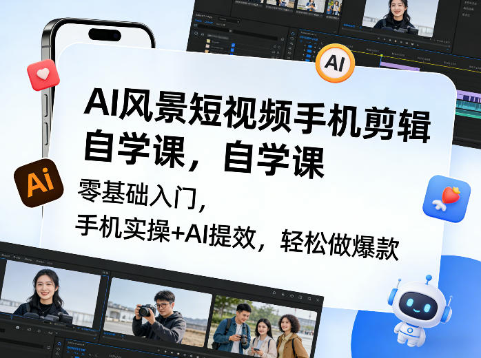 AI风景短视频手机剪辑自学课，零基础入门，手机实操+AI提效，轻松做爆款-靠谱项目库