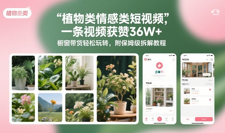 植物类情感类短视频，一条视频获赞36W+，橱窗带货轻松玩转，附保姆级拆解教程-靠谱项目库