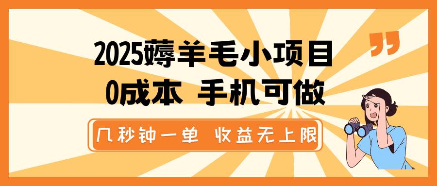 2025薅羊毛小项目，0成本 手机可做，几秒钟一单，收益无上限-靠谱项目库