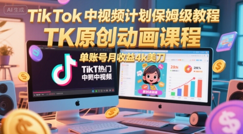 TikTok中视频计划保姆级教程，TK原创动画课程，单账号月收益4k美刀-靠谱项目库